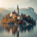 A misty morning at Bled Island, with castle in the backdrop