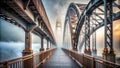 Misty morning bridge walkway a serene pathway between two imposing steel structures. Generative AI Royalty Free Stock Photo