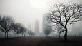 Misty morning cityscape with fog, dry trees, and serene atmosphere