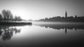 Misty Riverside Town Black and White Reflection Landscape Royalty Free Stock Photo