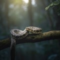 Misty Morning Encounter: A Coiled Python on a Jungle Tree Branch Royalty Free Stock Photo