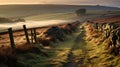 Misty Morning On English Moors: A Captivating Landscape With Stone Fence Royalty Free Stock Photo