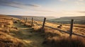 Misty Morning On The English Moors: Stone Fence In Traditional British Landscape