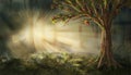 Misty morning in the forest. The rays of the sun shining through the branches of trees width red fruits. Digital art style. Royalty Free Stock Photo