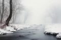 misty morning in the forest. winter river. frozen creek. white foggy and misty pond. Dry trees with dry branches. Royalty Free Stock Photo