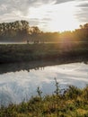 Misty morning landscape at the Dijle river and Mechelen Marsh Royalty Free Stock Photo