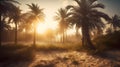 Misty morning landscape with palm tree, sunbeam, and tranquil scene in nature Royalty Free Stock Photo