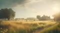 Misty morning in the meadow. Beautiful rural landscape. Retro style.