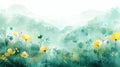 Misty morning meadow with rolling hills, wildflowers, and soft pastel tones conveying tranquility. Royalty Free Stock Photo