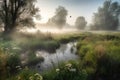 misty morning meadow with a stream and birdsong Royalty Free Stock Photo