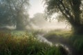 misty morning meadow with a stream and birdsong