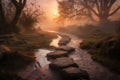 misty morning with misty pathways and stepping stones leading to the sunrise