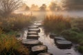 misty morning with misty pathways and stepping stones leading to the sunrise