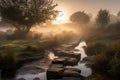 misty morning with misty pathways and stepping stones leading to the sunrise