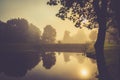 Misty morning near water and forest reflection