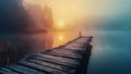 A misty morning over the lake with an old wooden bridge