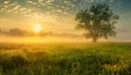 Misty morning over the meadow. AI generated.