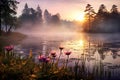 Misty morning over a tranquil lake