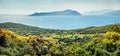 Misty morning panorama of Ionian islands. Colorful spring view of Lefcada island, Greece, Europe. Bright seascape of Ionia Sea. Royalty Free Stock Photo