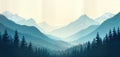 Misty morning panorama views of forested mountain ranges. Soft light highlights mountain peaks. Dense pine forests blanket Royalty Free Stock Photo