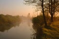 Misty morning on the river. Dawn