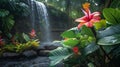 Lush Tropical Garden with Colorful Blooms and Waterfall Royalty Free Stock Photo