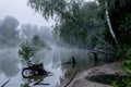 Misty morning on a small river in russia.