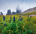 Misty morning view of Cinque Torri mountain range. Gorgeous summer scene of Dolomiti Alps, Cortina d`Ampezzo, Province of Belluno Royalty Free Stock Photo