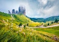 Misty morning view of Cinque Torri mountain range. Splendid summer scene of Dolomiti Alps, Cortina d`Ampezzo, Province of Belluno Royalty Free Stock Photo