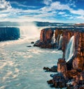 Misty morning view of Selfoss Waterfall. Summer outdoor scene in Jokulsargljufur National Park, Iceland, Europe. Royalty Free Stock Photo