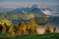 Misty morning with view of Trzy Korony Three Crowns peak in Pieniny National Park Royalty Free Stock Photo