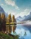 Misty Mountain with a Beautiful Forest with a Tranquil Lake