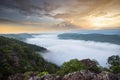 Misty mountain forest landscape in the morning sunrises fog and forest tree view on top - Foggy morning mist in valley beautiful Royalty Free Stock Photo