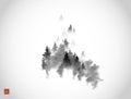 Misty mountain forest trees on white background. Traditional oriental ink painting sumi-e, u-sin, go-hua. Translation of