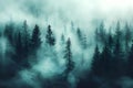 Misty Mountain Forest: A Vintage-Style Scene with Pine Trees and Foggy Clouds. Concept Nature Royalty Free Stock Photo