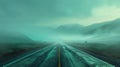 Misty Mountain Highway at Dawn: Serene Teal Landscape with Endless Road Royalty Free Stock Photo