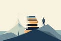 A misty mountain horizon a small figure walking up the side with a stack of books in their arms. Psychology emotions