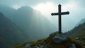 Misty mountain iron cross with moss illuminated by a sacred beam of light Royalty Free Stock Photo