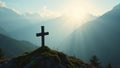 Misty mountain iron cross with moss illuminated by a sacred beam of light Royalty Free Stock Photo