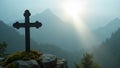 Misty mountain iron cross with moss illuminated by a sacred beam of light Royalty Free Stock Photo