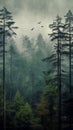 Misty mountain landscape with birds flying