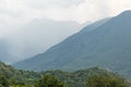 Misty mountain landscape with fir forest. Beautiful landscape with mountain view, cable car