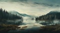 Misty mountain landscape the forest with lake morning, generative AI