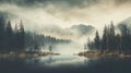 Misty mountain landscape the forest with lake morning, generative AI Royalty Free Stock Photo