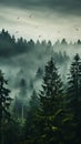 Misty mountain landscape with pine trees and birds flying in the sky