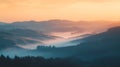Misty mountain landscape at sunrise with soft light creating a serene and peaceful scene Royalty Free Stock Photo