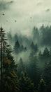 Misty mountain painting with pine forest and cloudy sky Royalty Free Stock Photo