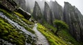 Misty Mountain Path Through Towering Cliffs Royalty Free Stock Photo