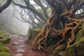 misty mountain path with twisted tree roots Royalty Free Stock Photo