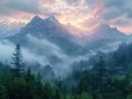 Misty mountain range at dawn